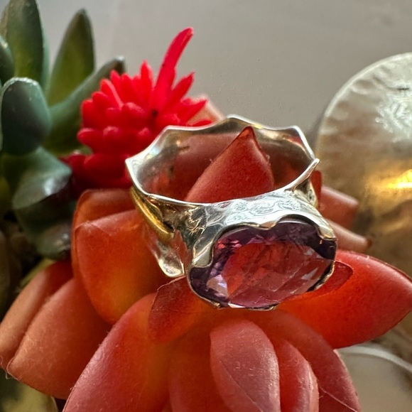 Arya Design Signed 925 Sterling Silver Gold Amethyst Hammered Boho Ring Size 8 - Picture 11 of 16